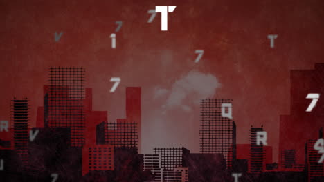 animation of falling numbers and letters over cityscape