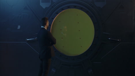 man observing through futuristic door