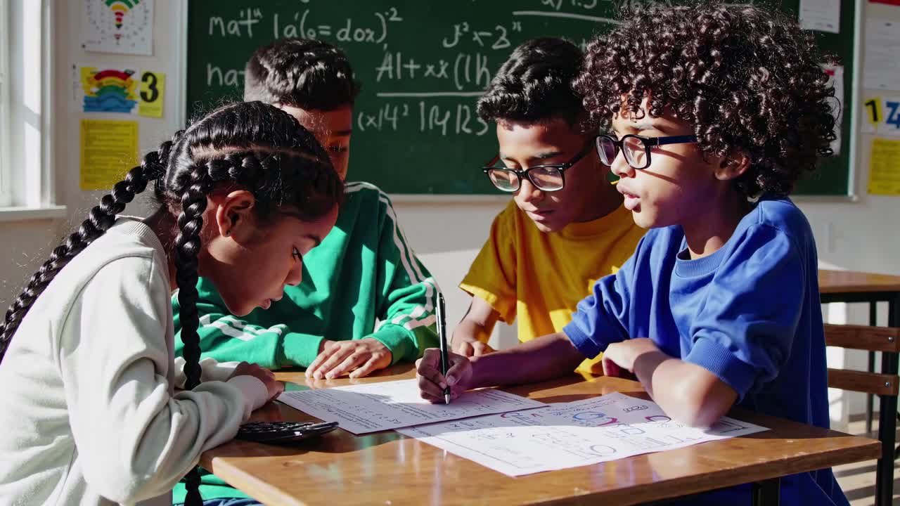 Video of diverse students collaborating at a desk in a classroom, shot from a side angle