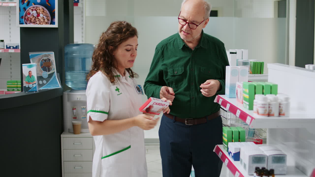 Pharmacist assisting senior customer with medication in pharmacy