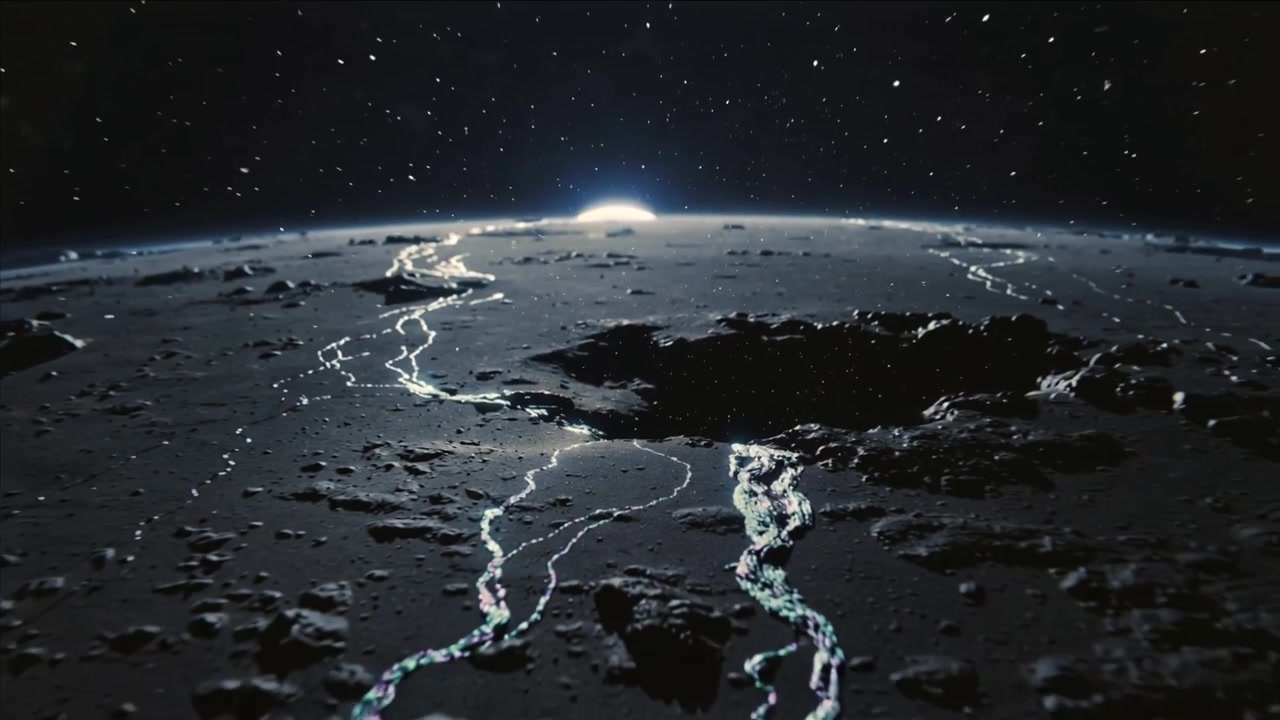 La telecamera si allontana rivelando una pianura craterizzata con nastri luminosi e polvere alla deriva verso l'alba.