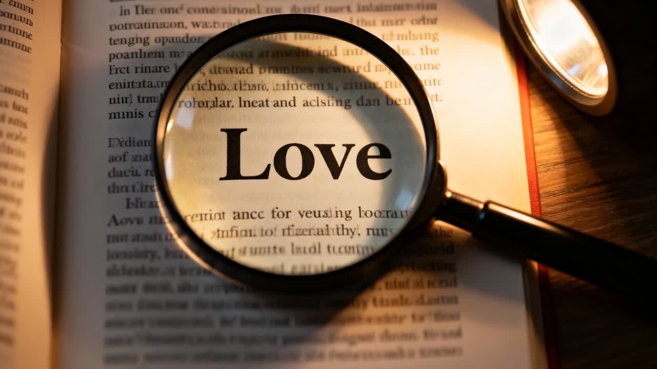 Shifting magnifying glass moving over book at desk, centering word Love under lens, lamp shining