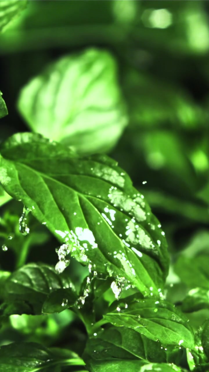 Primo piano di gocce d'acqua che schizzano su una foglia verde brillante