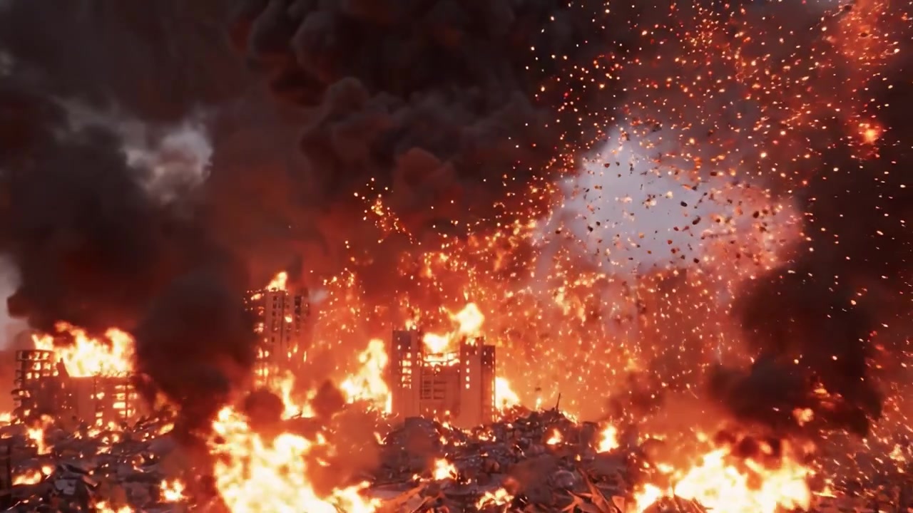Una scena intensa e caotica si svolge in una città consumata dalle fiamme e dal fumo, con esplosioni che illuminano lo skyline oscurato, mostrando le conseguenze di una distruzione diffusa.