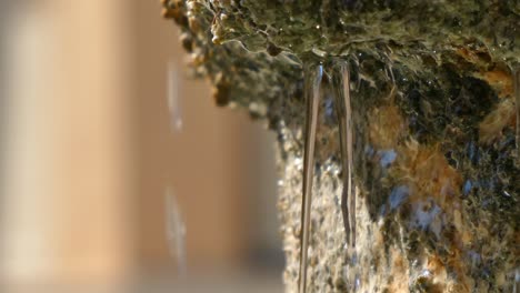 close up detail of one side of an ancient stone fountain and water falling-1