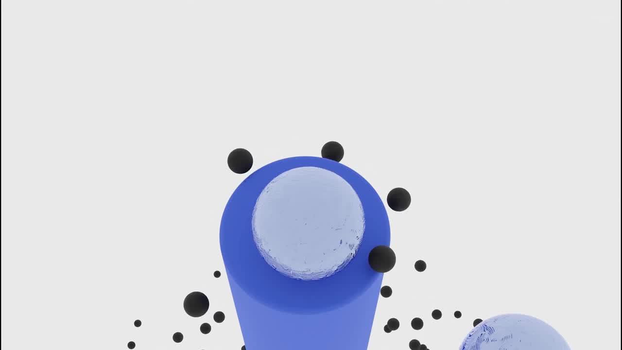 3D rendering of a blue cylinder with black spheres and a textured sphere