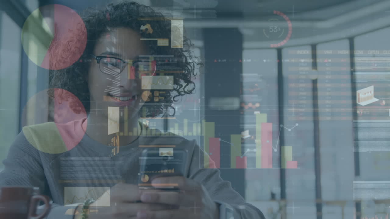 Animation of statistics and financial data processing over man using smartphone
