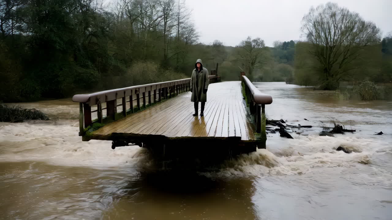 Flooded Bridge with Person