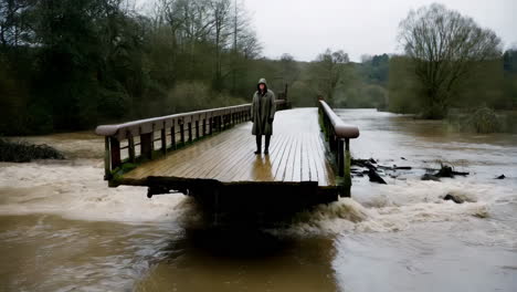 flooded bridge with person
