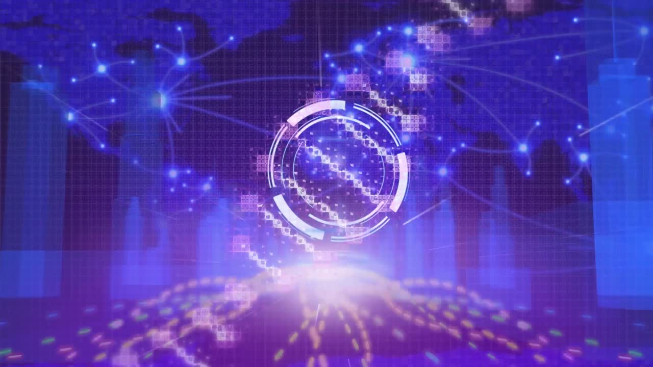 세계지도와 검은색 배경의 디지털 도시 위에 dna 스트랜으로 스 ⁇  스캐닝의 애니메이션