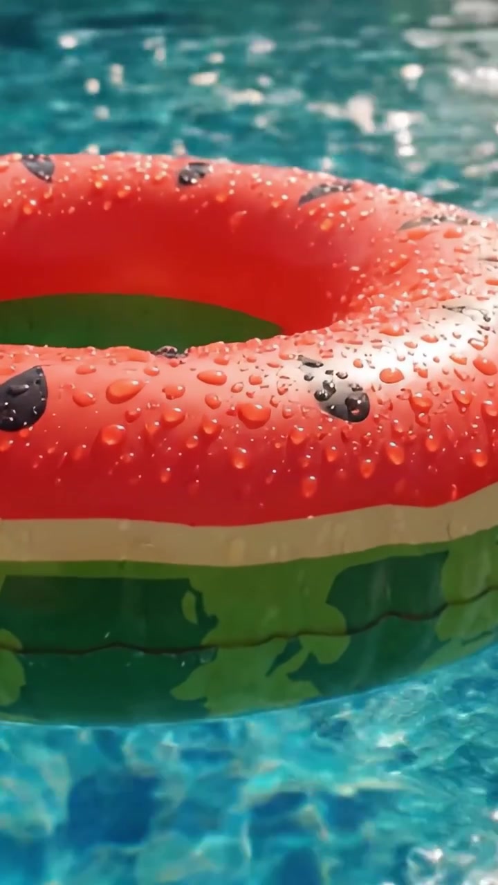 Vibrant Watermelon Inflatable Ring Glimmering in Sunlight on a Refreshing Swimming Pool Surface with Water Droplets, Perfect for Summer Fun and Relaxation