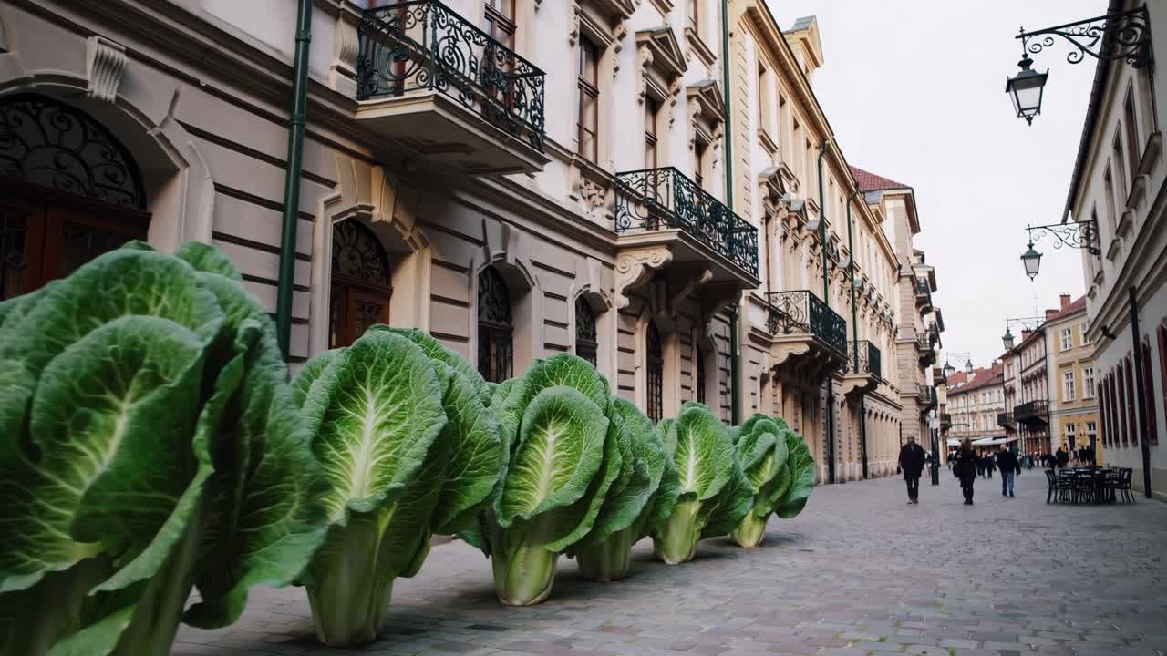 Large green cabbages line a cobblestone street, showcasing vibrant foliage against elegant architecture, creating a whimsical urban scene with a playful atmosphere