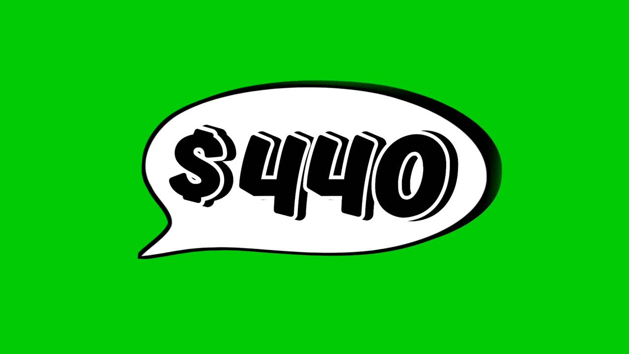 Animation $440 dollar price in a speech bubble green screen. Perfect for sales, ads, or promo videos. Easy to use and customize in your projects video element