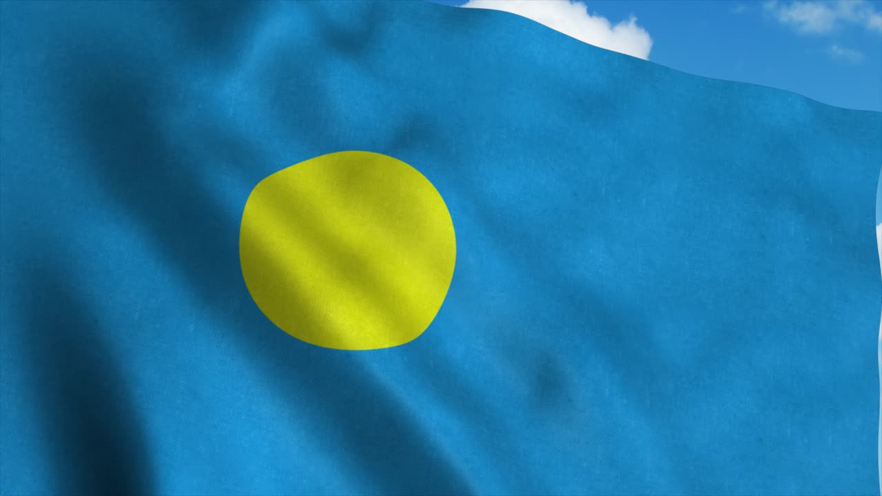 Palau flag waving in the wind, blue sky background. 4K