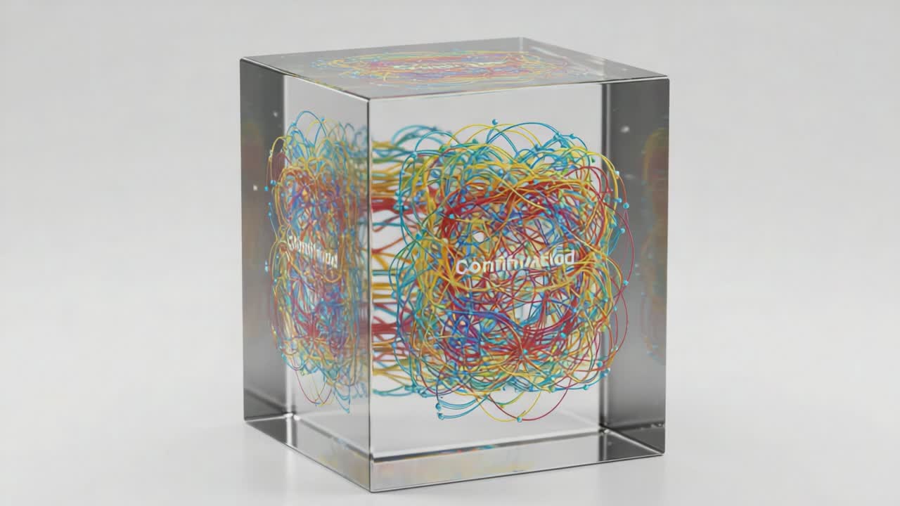 Exploring the Intricate Beauty of a Colorful Abstract Sculpture: A Visual Journey Through Layers of Intertwined Lines in a Transparent Cube