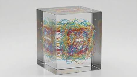 exploring the intricate beauty of a colorful abstract sculpture: a visual journey through layers of intertwined lines in a transparent cube