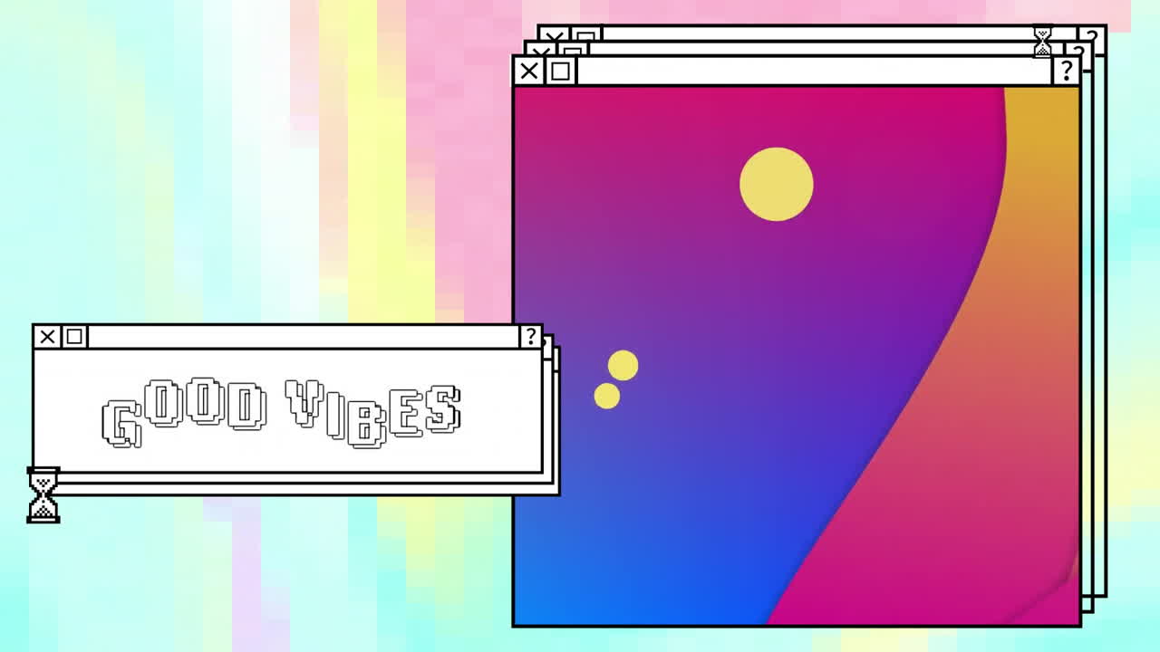 컴퓨터 데스크에서 달 타이머와 함께 창에 좋은 시간 텍스트와 추상적인 색상의 애니메이션