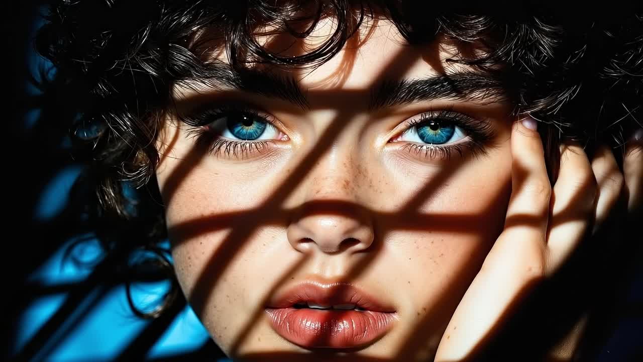 A close up of a woman with curly hair and blue eyes
