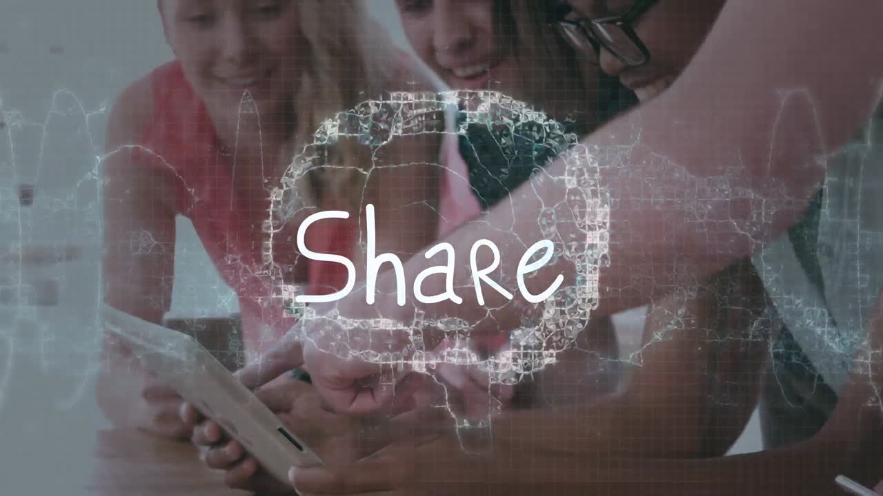 Animation of brain and share over diverse male and female coworkers working on tablet