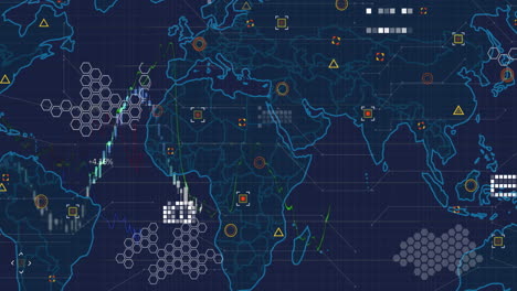 animación del mapa del mundo y procesamiento de datos contra un fondo azul