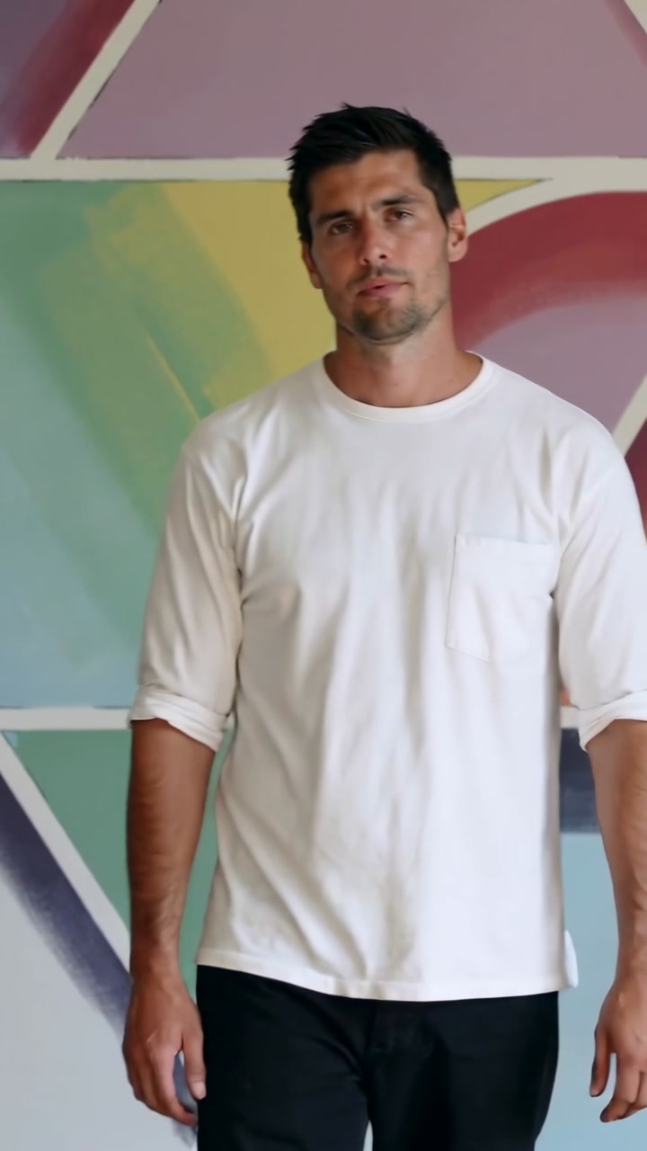 Vertical video: Male model entering from left, walking to center and posing for design with mural