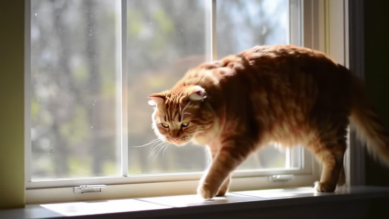 Curious Ginger Cat Observes the World Outside from a Sunny Window, Showcasing Its Fluffy Tail as It Explores the Bright Indoor Space