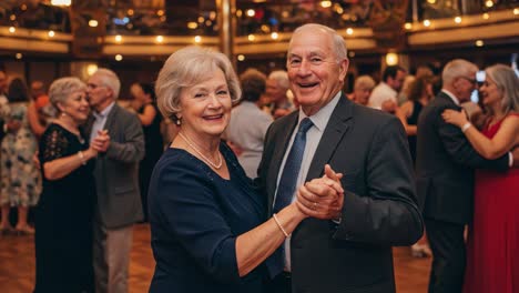 a joyful evening of dance: older couple sharing a romantic moment on the dance floor, surrounded by friends in a festive atmosphere filled with laughter and celebration