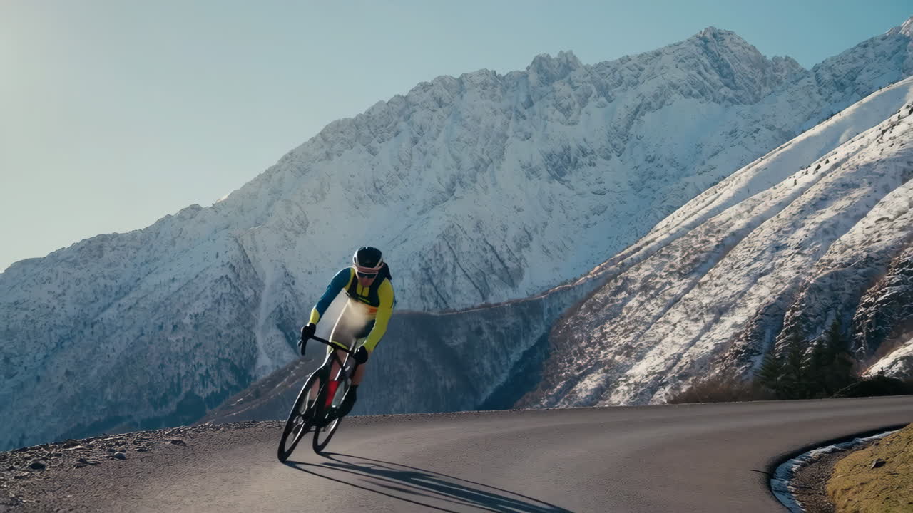 Cyclist on a Mountain Road with Snow-Capped Peaks