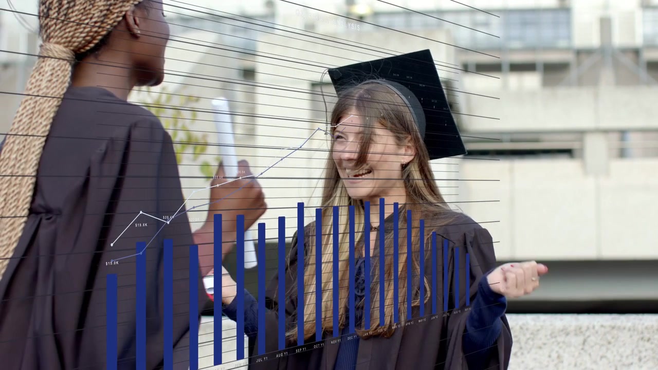 Kaksi valmistunutta juhlii, vasen tarjoaa tutkintotodistusta, oikea lopettaa puhelun ja ottaa sen, siniset palkit kasvavat.