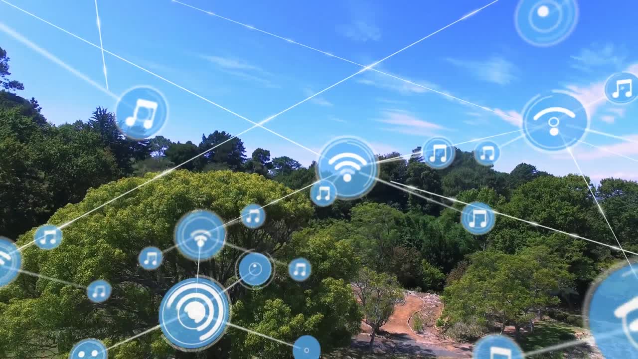 animación de la red de conexiones con iconos sobre el paisaje