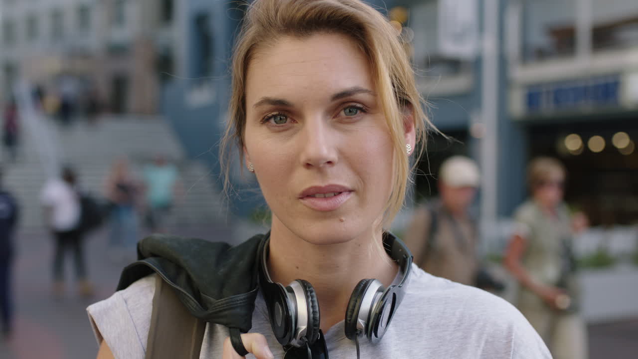 독립적 인 금발 여성의 초상화는 도시 배경에 헤드폰을 착용 한 심각한 시선을 향해 머리를 돌립니다.