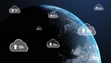 animation of digital clouds with arrows and percent growing over earth in universe in background