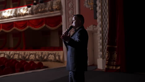 presenter with microphone speaks with the empty auditorium. concept of quarantine,cancellation of mass events to prevent spread of coronavirus infection.