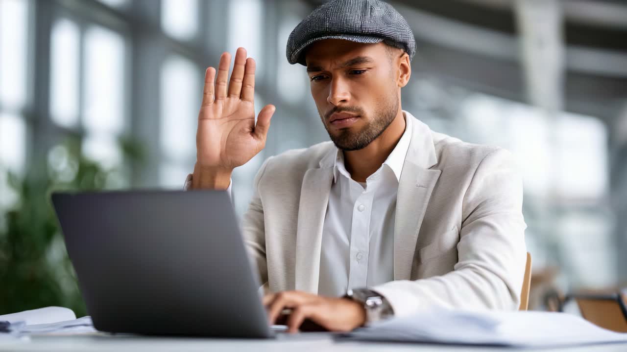 Engaged Business Professional in a Modern Office Setting Conducting a Virtual Meeting, Demonstrating Communication Skills with a Friendly Gesture While Working Remotely