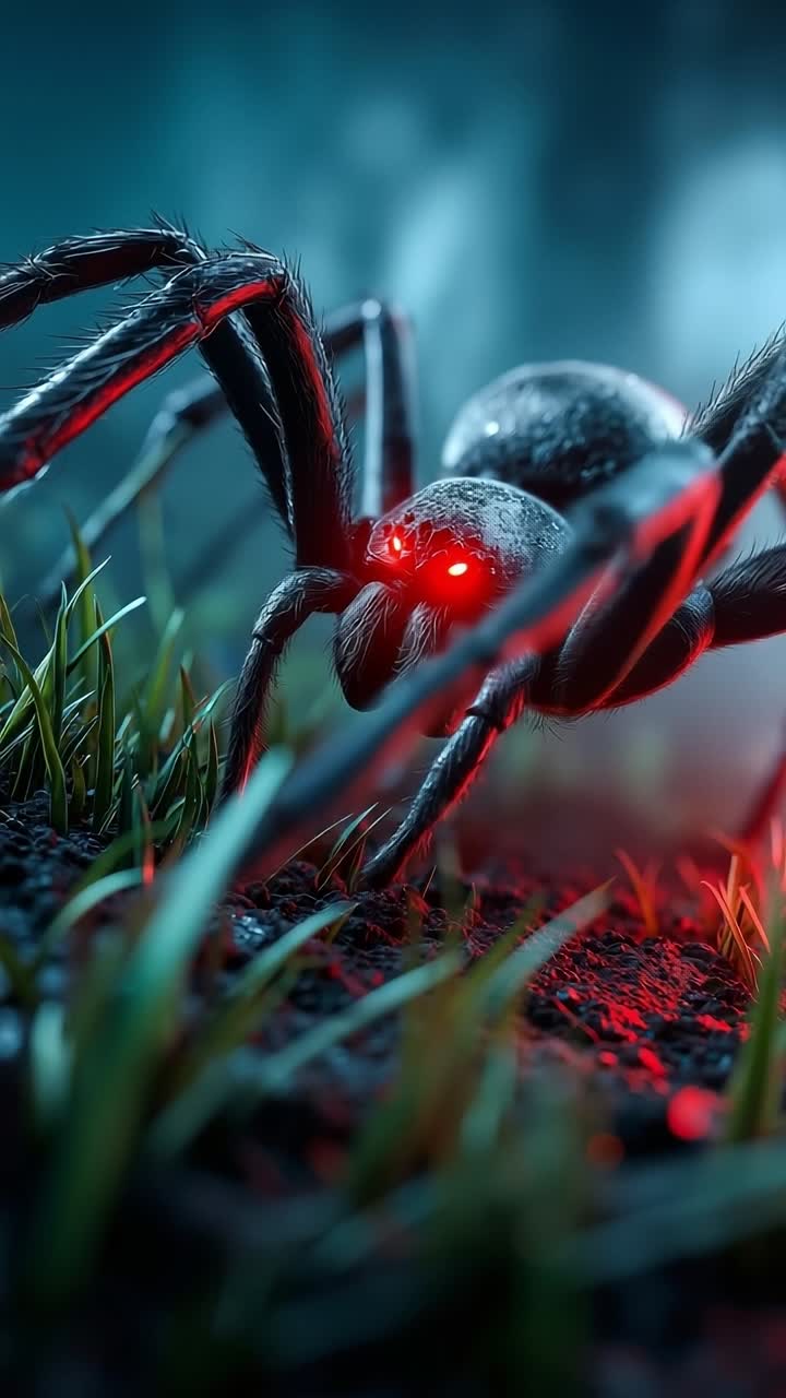 A black spider with red eyes sitting in the grass