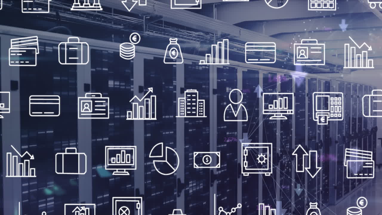 Animation of interface with digital icons and mosaic squares against computer server room
