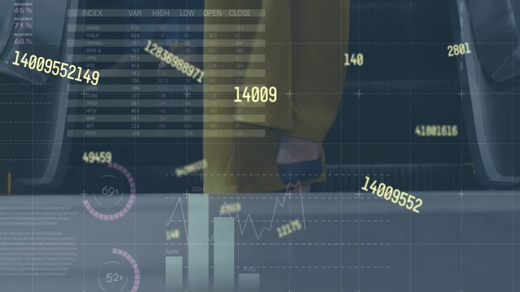 Animation of statistical data processing over low section of businesspeople on escalator at office