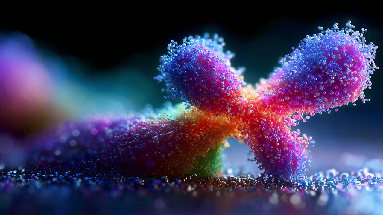 A mesmerizing close-up view of a colorful, iridescent structure resembling a cellular or molecular model, showcasing vibrant hues and intricate details that capture the imagination