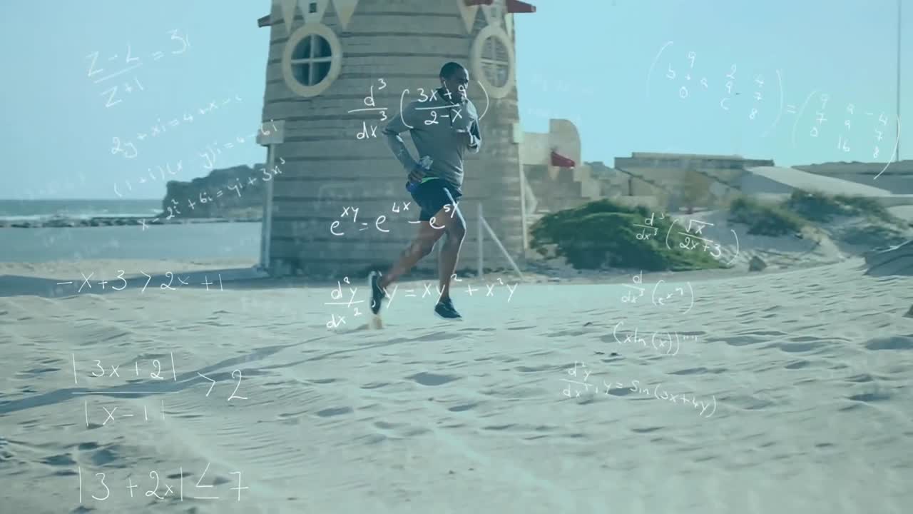 수학적 방정식과 함께 애니메이션 배경 위에 달리는 사람의 애니메이션