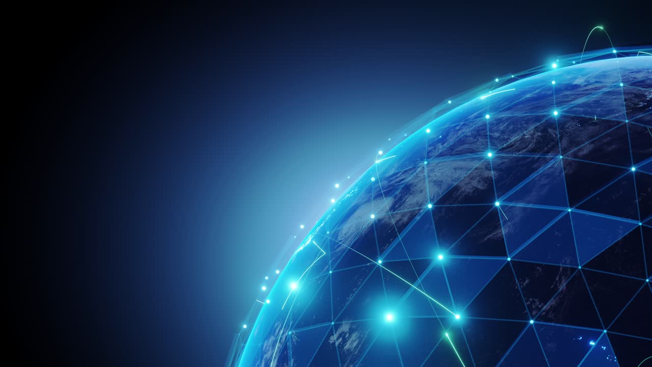 4K resolution, Tech Earth Globalization networking, blue line lights transmit data, Transfer speed data internet, triangle digital data, the world right conner position with copy space background