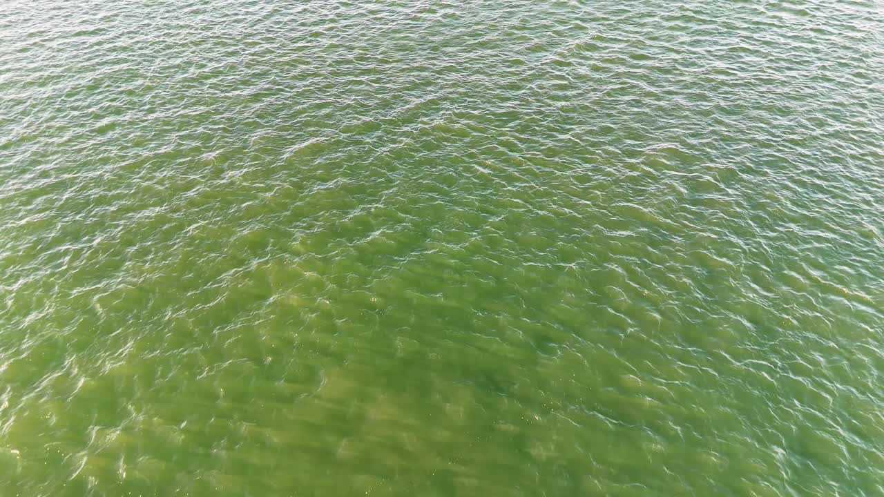 Drone footage captures serene ocean surface with gentle waves and ripples, showcasing natural water textures and movement
