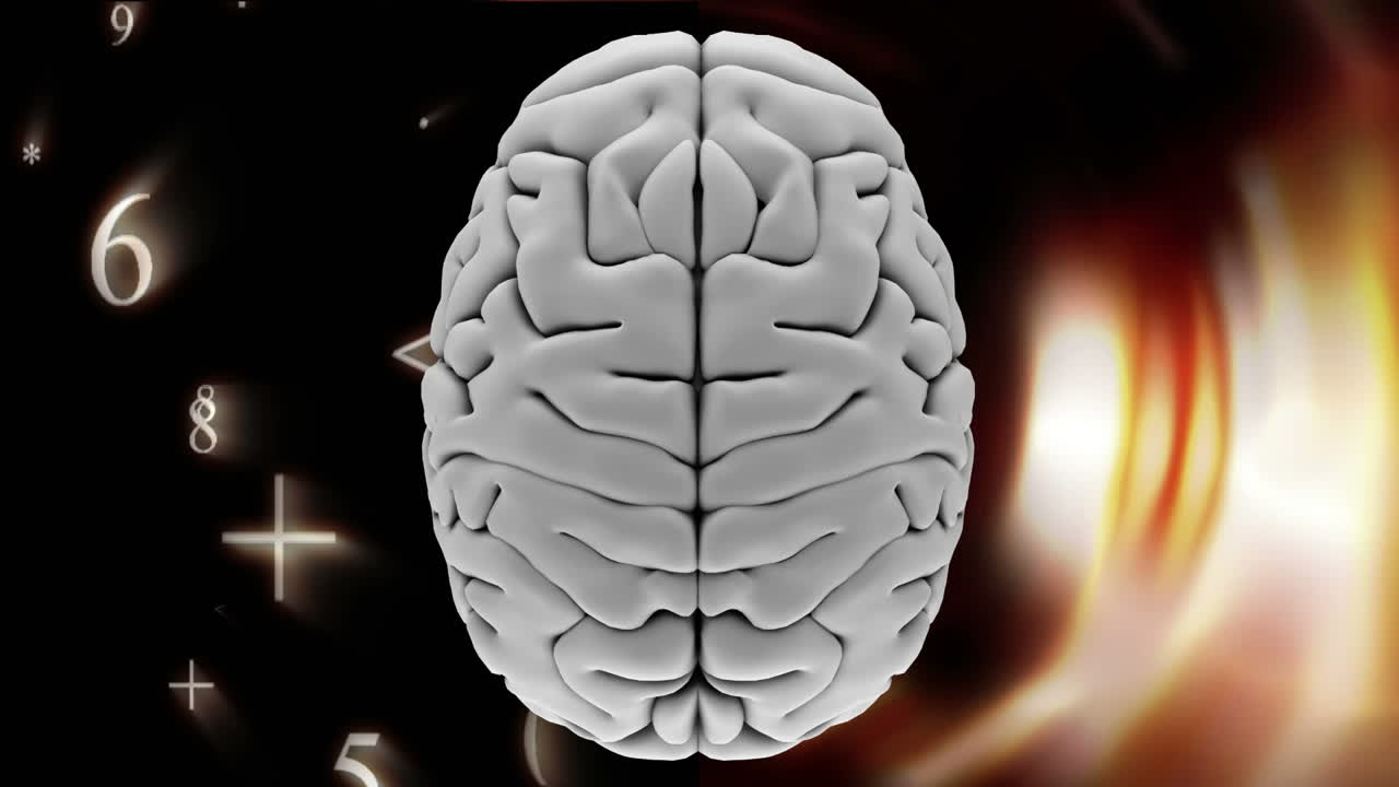 animación digital del cerebro con números cayendo hacia abajo