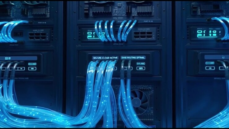 Data Center Server Racks with Glowing Fiber Optic Cables