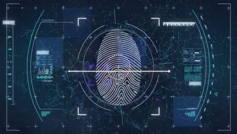 animation of fingerprint in viewfinder and circles over connected dots against abstract background