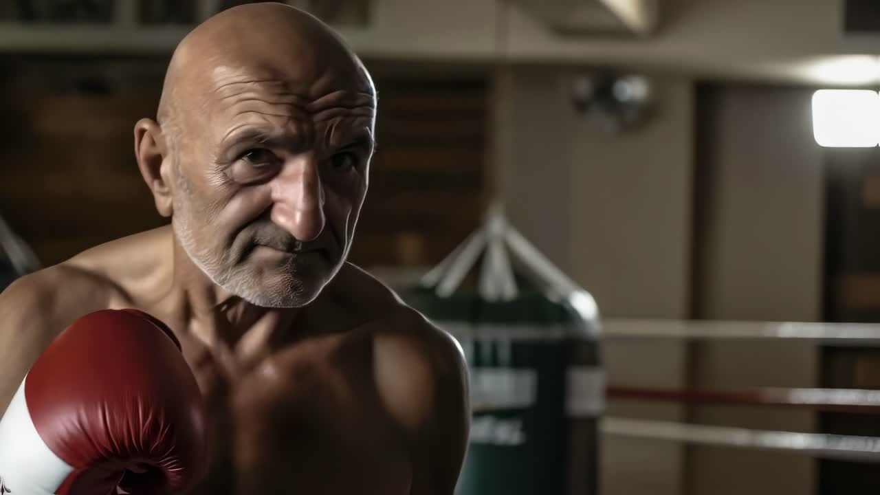 Senior male boxer wearing boxing gloves, standing confidently in a fighting stance within a boxing gym, radiating determination and strength while preparing for an intense workout