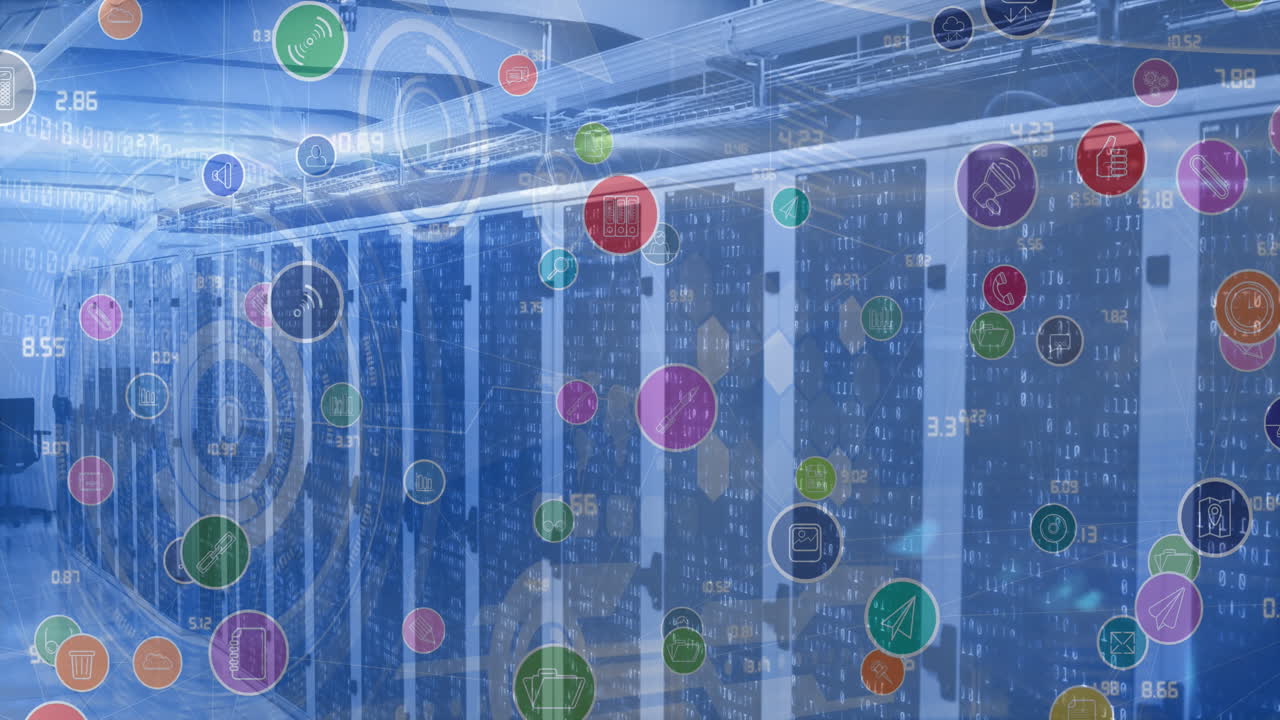 디지털 아이콘과 스 ⁇ 의 애니메이션은 백그라운드에서 컴퓨터 서버를 스캔합니다.