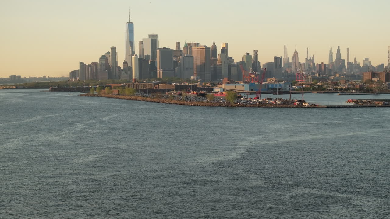Aerial view of the sunset behind The Empire State Building. Shot in New York City.