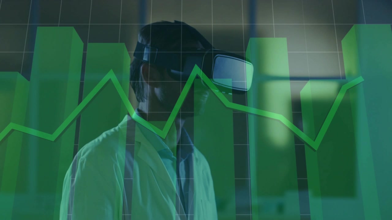 Observing researcher in lab coat with VR headset, tracking green charts and line graph at lab
