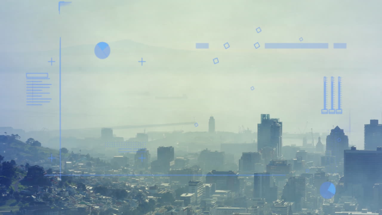 도시 풍경에 대한 다이어그램의 애니메이션과 데이터 처리