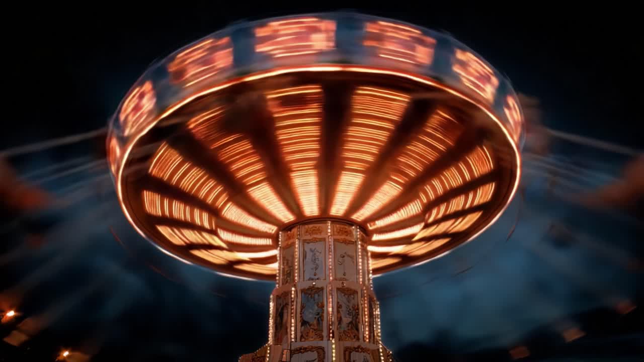 A Captivating Ride on the Swing Carousel: Experience the Thrills of Twinkling Lights and Spiraling Motion Under the Night Sky